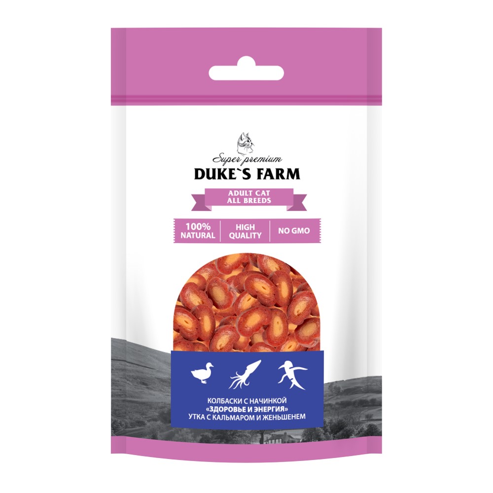 Лакомство для кошек DUKE'S FARM Колбаски Здоровье и энергия, утка с кальмаром и женьшенем