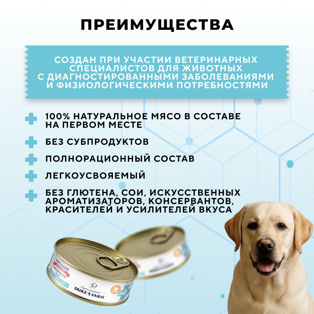 Корм для собак DUKE'S FARM Vet Care Gastrointestinal Monoprotein Low Fat для чувствительного пищеварения, индейка с яблоком, банка
