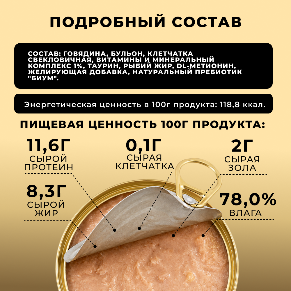 Корм для кошек СЧАСТЛИВЫЙ ГУРМАН Говядина натуральная с пребиотиком в желе, банка