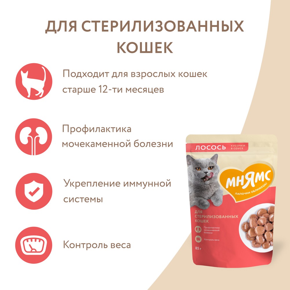 Корм для кошек МНЯМС для стерилизованных, кусочки в соусе с лососем пауч