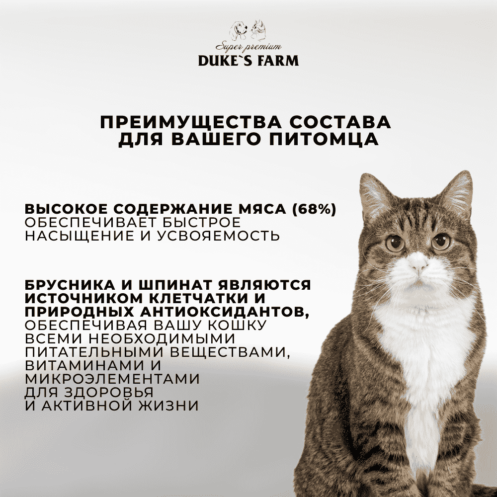 Корм для кошек DUKE'S FARM паштет утка, брусника банка