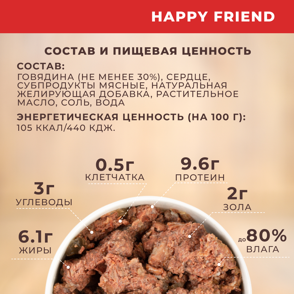 Корм для собак HAPPY FRIEND для средних и крупных пород с говядиной и сердцем банка