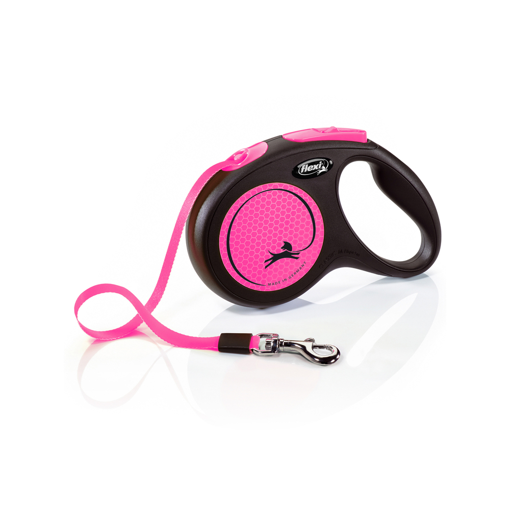 Рулетка для собак FLEXI Neon New M (до 25кг) лента 5м, светоотражающая, розовый неон