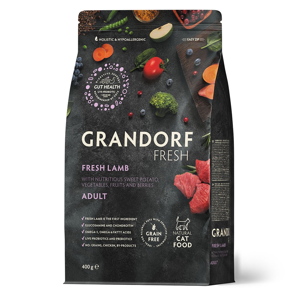 Беззерновой корм с живыми пробиотиками для кошек GRANDORF Fresh Cat Свежее мясо ягненка с бататом сух.