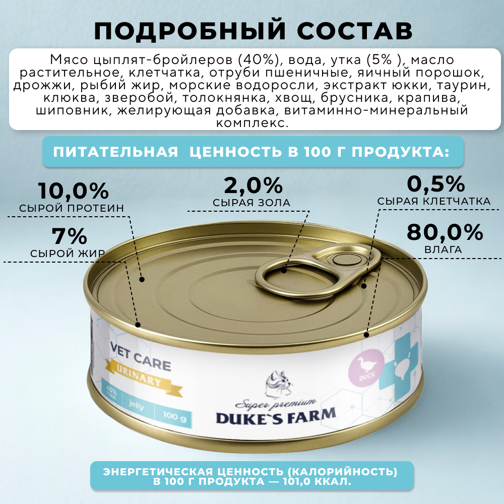 Корм для кошек DUKE'S FARM Vet Care Urinary для профилактики МКБ с уткой, волокна в желе банка