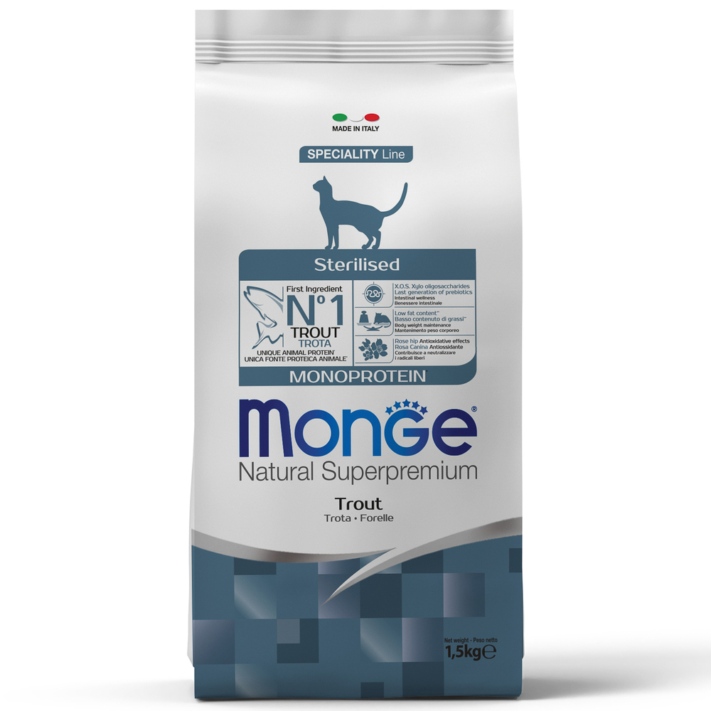 Корм для кошек MONGE Cat Monoprotein Sterilised для стерилизованных, форель сух.