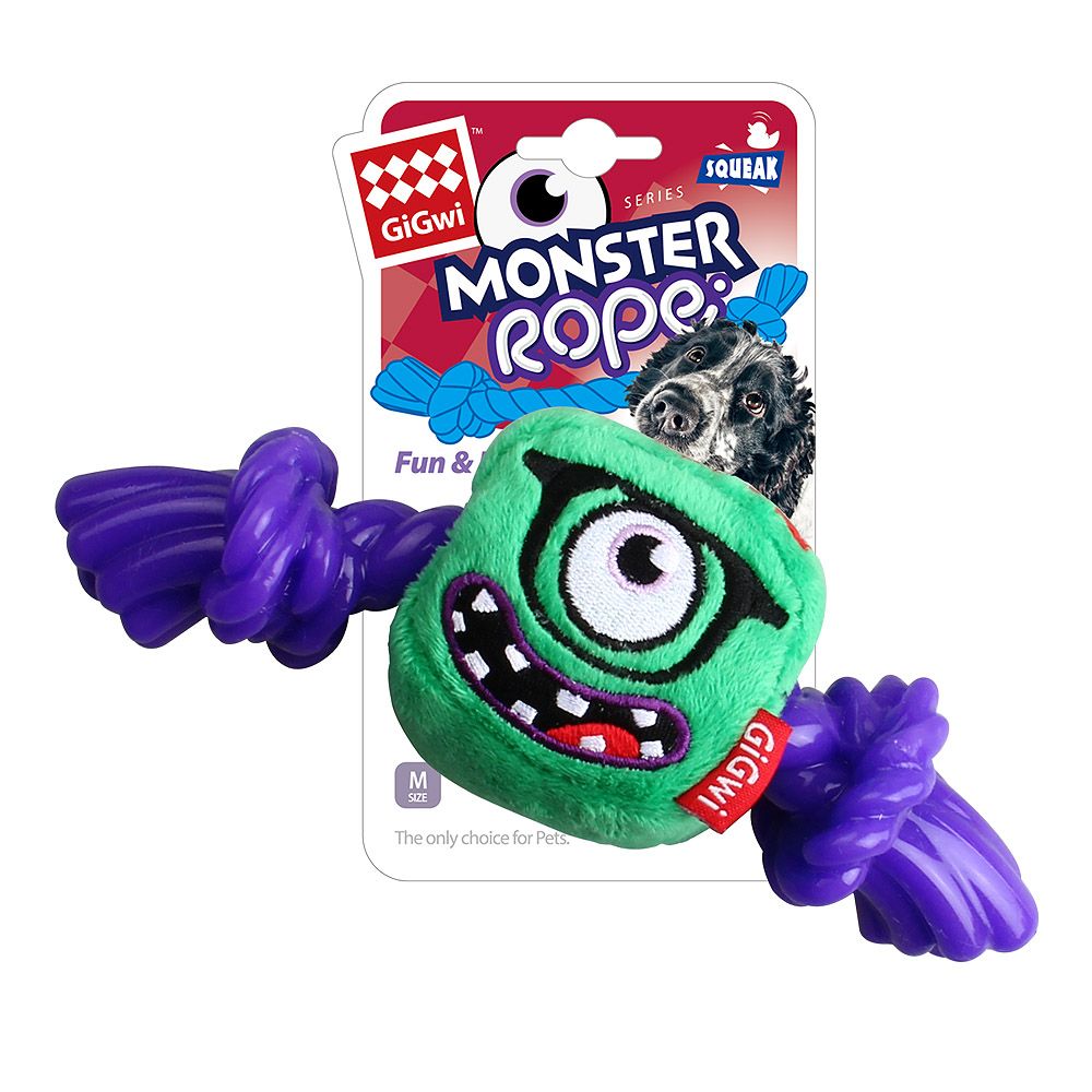 Игрушка для собак GIGWI Monster Rope Монстр с пищалкой и резиновой веревкой 23см