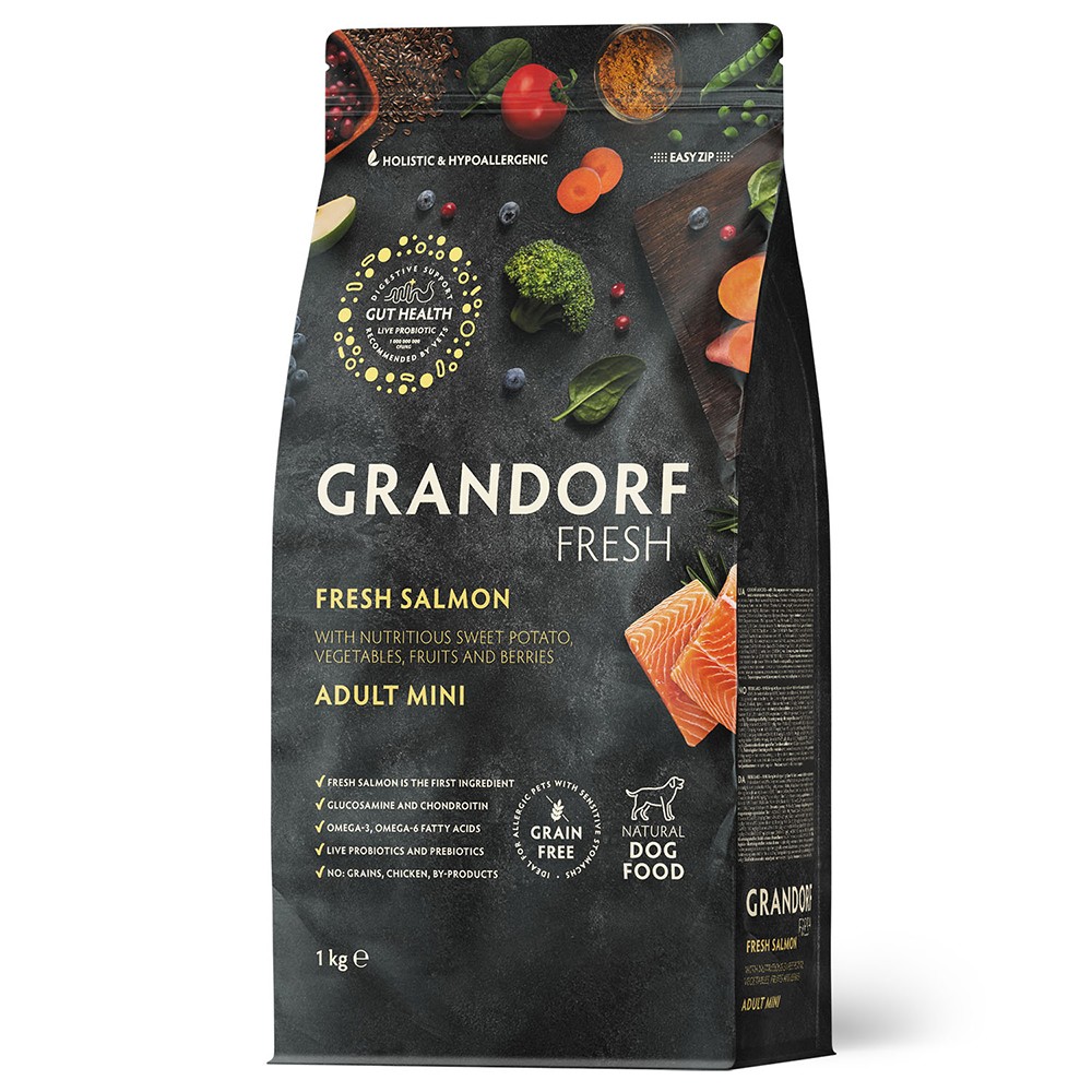 Беззерновой корм с живыми пробиотиками для собак GRANDORF Fresh Dog Mini свежее филе лосося с бататом для мелких пород сух.