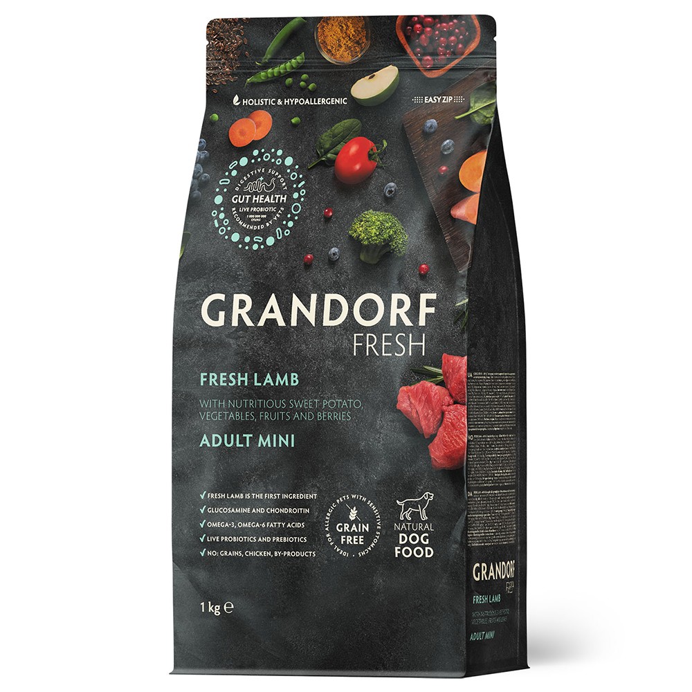 Беззерновой корм с живыми пробиотиками для собак GRANDORF Fresh Dog Mini свежее мясо ягненка с бататом для мелких пород сух.
