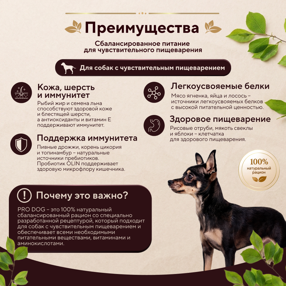 Корм для собак PRO DOG для мелких пород с чувствительным пищеварением, ягненок сух.