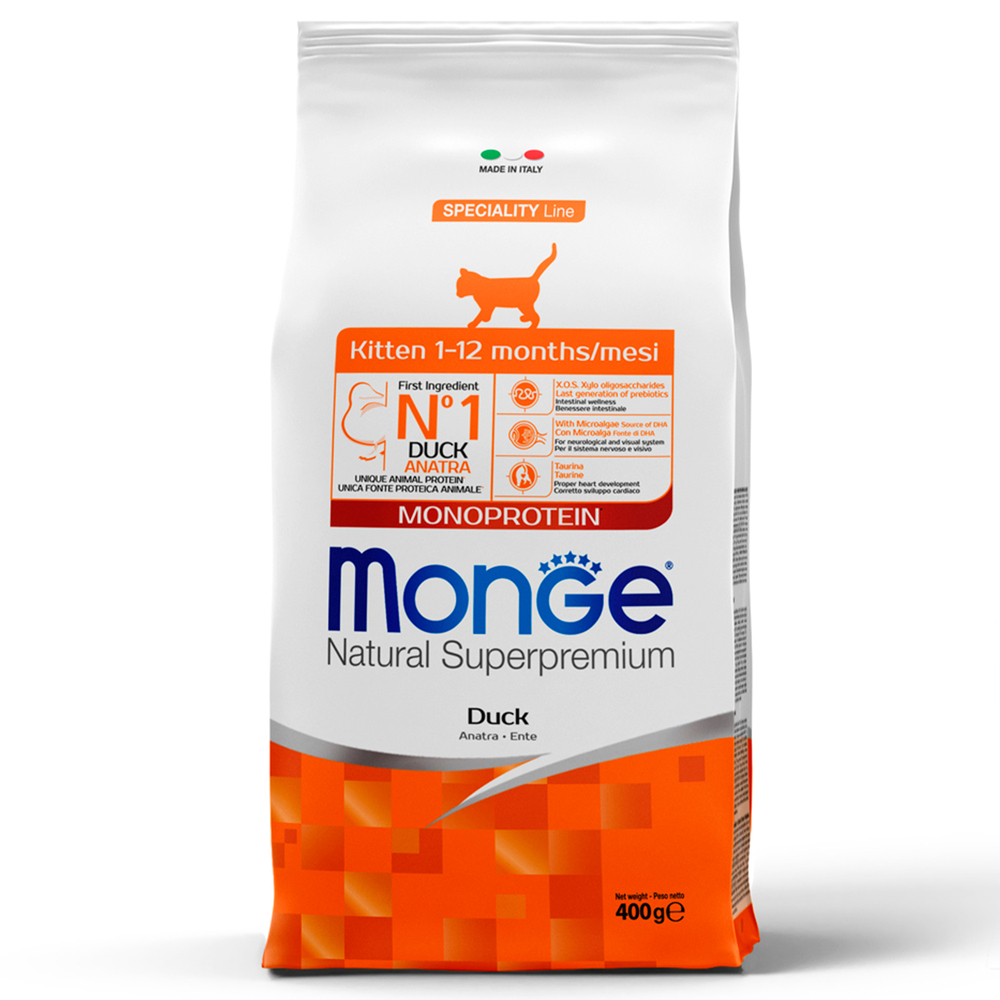 Корм для котят и беременных кошек MONGE Cat Speciality Line Monoprotein из утки сух.