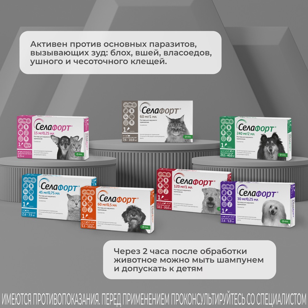 Капли для кошек KRKA Селафорт от ушн и чесоточ.клещей, блох, гельм 7,6-10,0кг, 1мл (60мг), 1 уп.