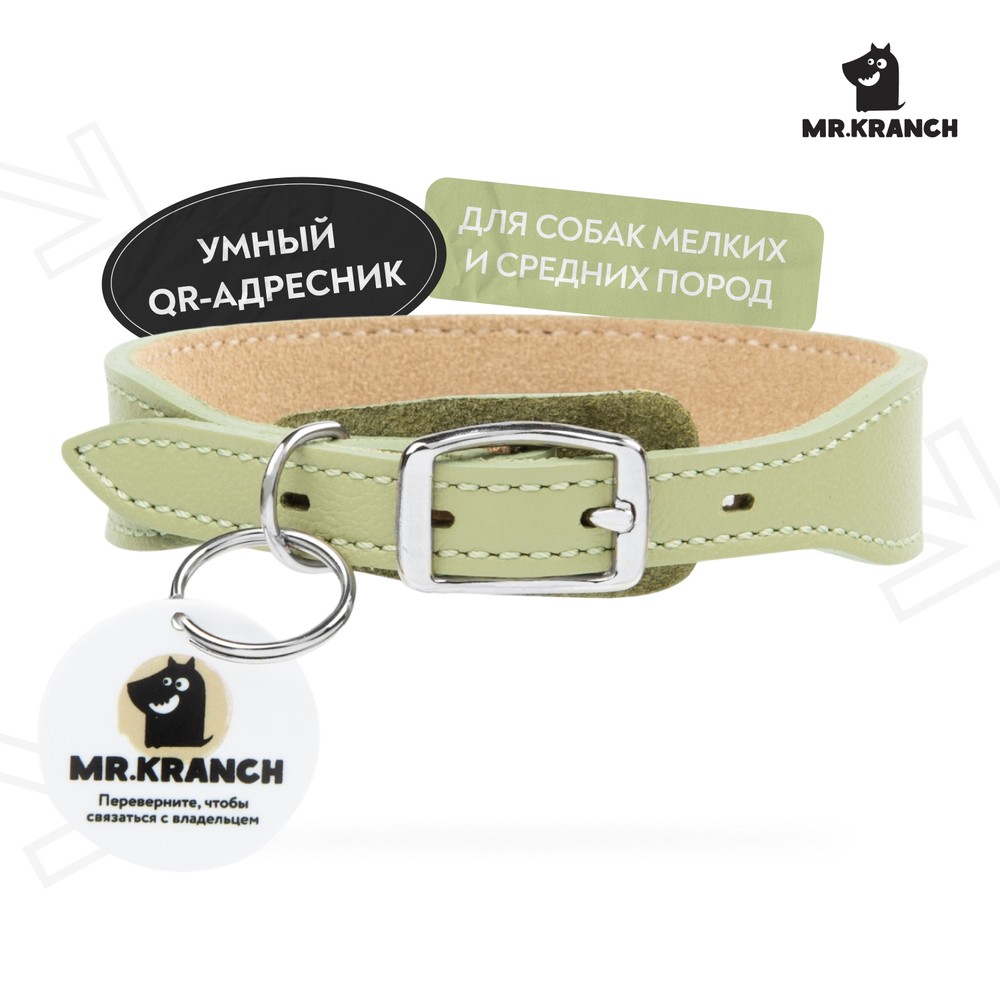 Ошейник для собак MR.KRANCH из натуральной кожи с QR-адресником, нежно-зеленый 22-26см
