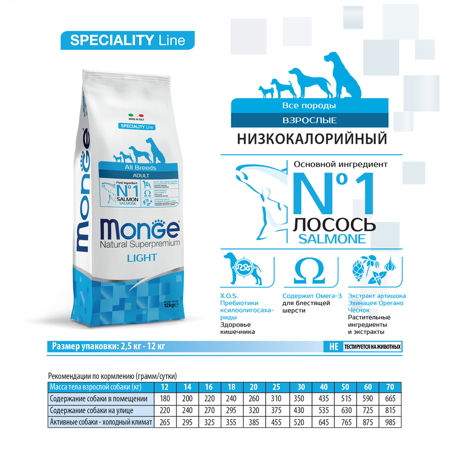 Корм для собак MONGE Dog Speciality Light для всех пород низкокалорийный, лосось, рис сух.