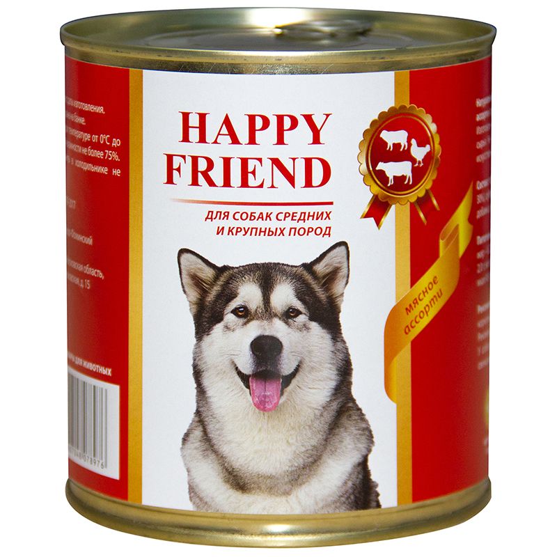Корм для собак HAPPY FRIEND для средних и крупных пород мясное ассорти банка