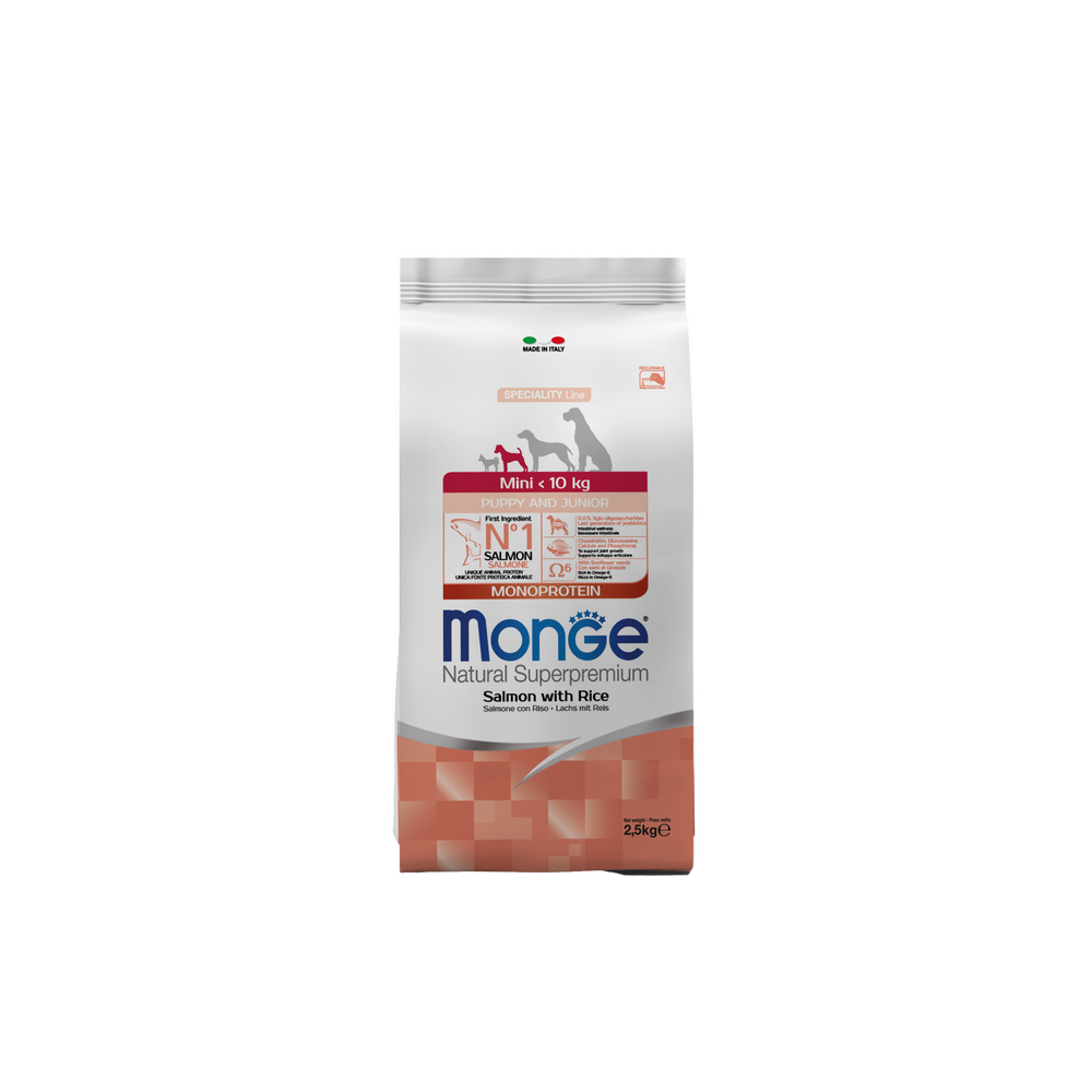 Корм для щенков MONGE Dog Speciality Line Monoprotein для мелких пород, лосось с рисом сух.