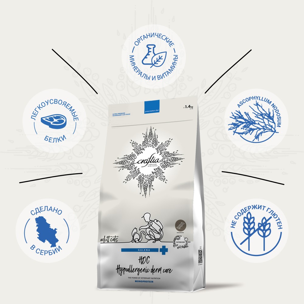 Корм для кошек CRAFTIA Galena Cat Hypoallergenic Derm Care при пищ.аллергии и забол.кожи сух.