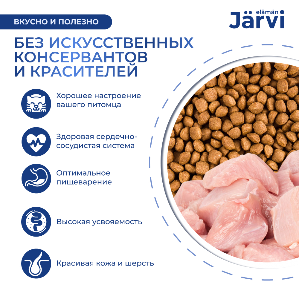Корм для кошек JARVI при чувствительном пищеварении, индейка сух.
