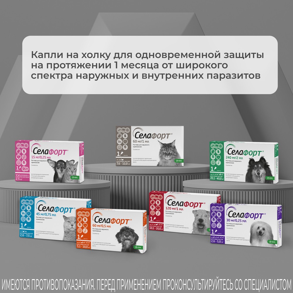 Капли для кошек KRKA Селафорт от ушн и чесоточ.клещей, блох, гельм 7,6-10,0кг, 1мл (60мг), 1 уп.