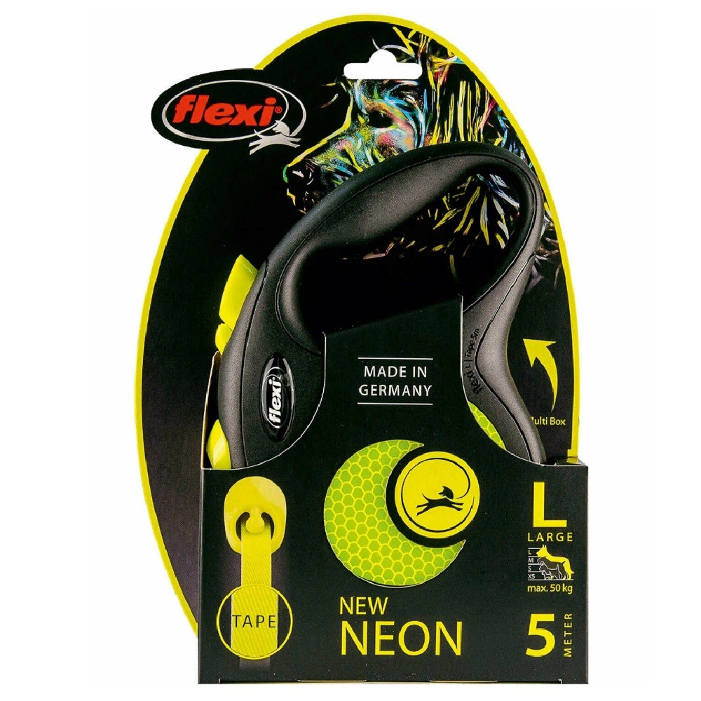 Рулетка для собак FLEXI Neon New L (до 50кг) лента 5м, светоотражающая, желтый неон