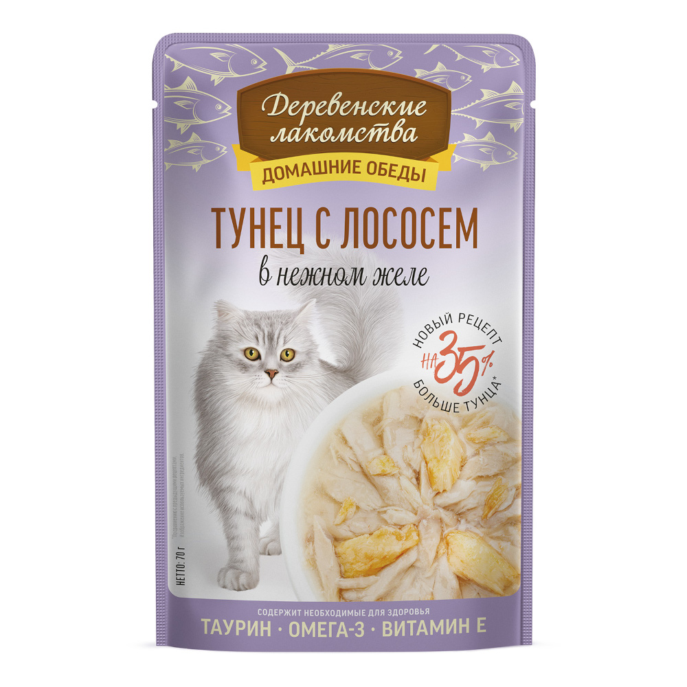 Корм для кошек ДЕРЕВЕНСКИЕ ЛАКОМСТВА Тунец с лососем в нежном желе пауч