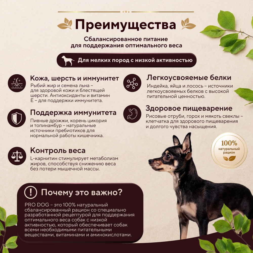 Корм для собак PRO DOG для мелких пород для поддержания оптимального веса, индейка сух.
