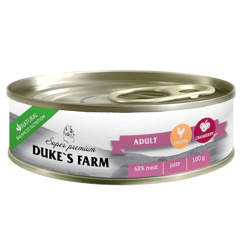 Корм для кошек DUKE'S FARM паштет курица, клюква банка