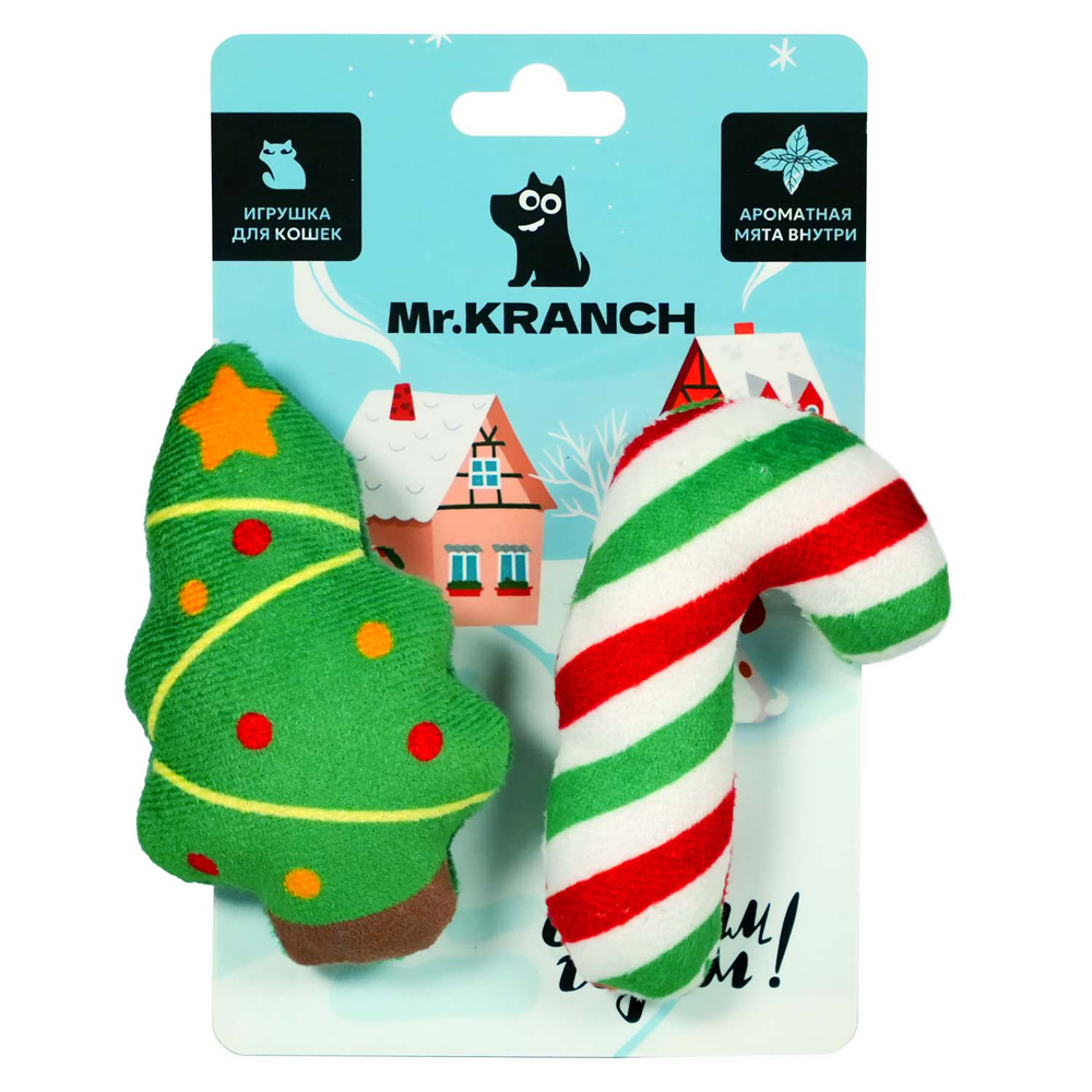 Набор игрушек для кошек MR.KRANCH Ёлочка и леденец новогодние плюшевые с кошачьей мятой 2шт х 9см
