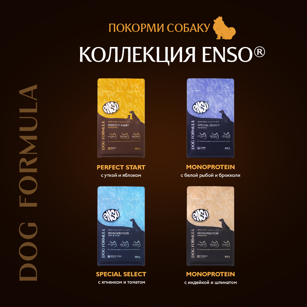 Корм для щенков, берем.и корм.собак ENSO DF Perfect start для ср.и кр.пород,утка с яблоком сух.