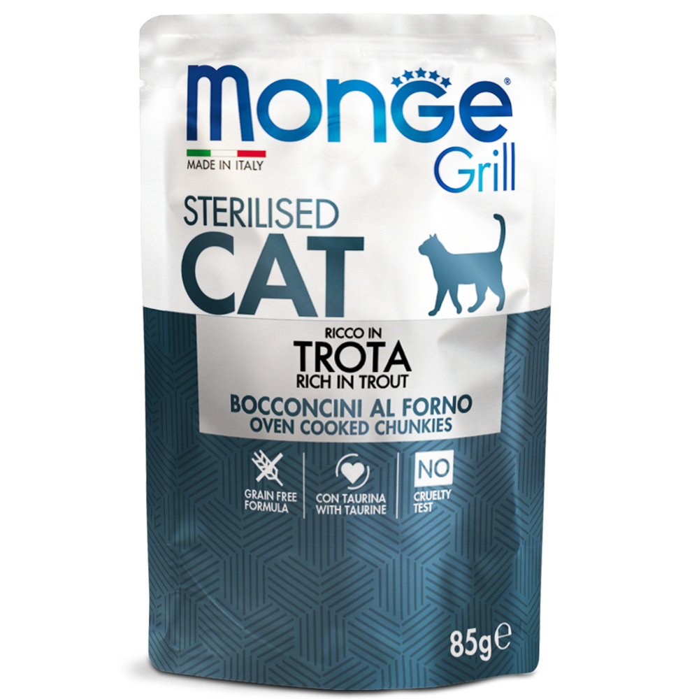 Корм для кошек MONGE Cat Grill Pouch для стерилизованных кошек итальянская форель пауч