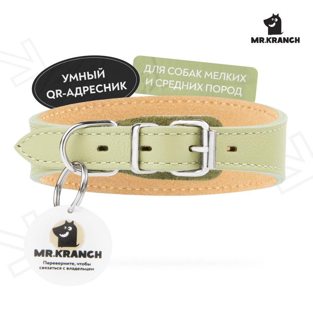 Ошейник-селедка для собак MR.KRANCH из натуральной кожи с QR-адресником, нежно-зеленый 19-23см