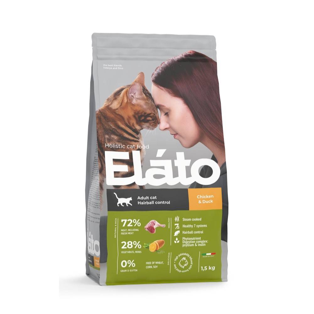 Корм для кошек ELATO Holistic для выведения шерсти, курица, утка сух. 1,5кг