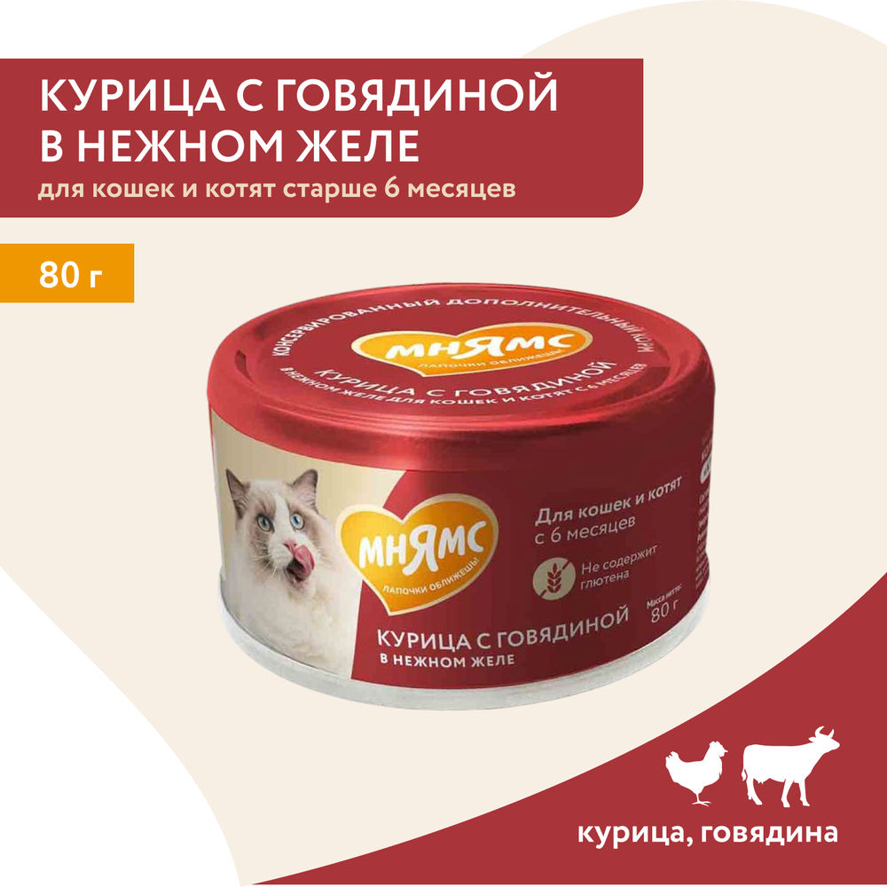 Корм для кошек и котят старше 6 мес. МНЯМС дополнительный, курица с говяд. в нежном желе банка