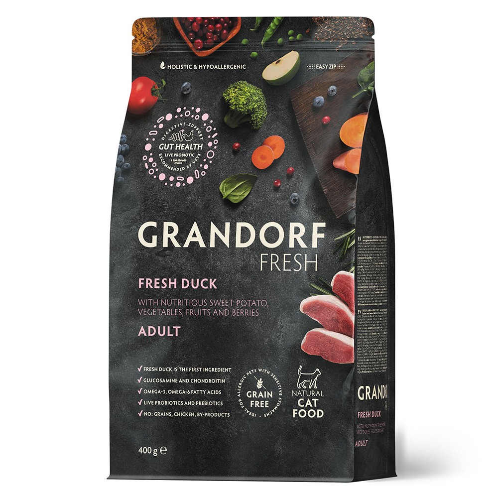 Беззерновой корм с живыми пробиотиками для кошек GRANDORF Fresh Cat Свежее мясо утки с бататом сух.