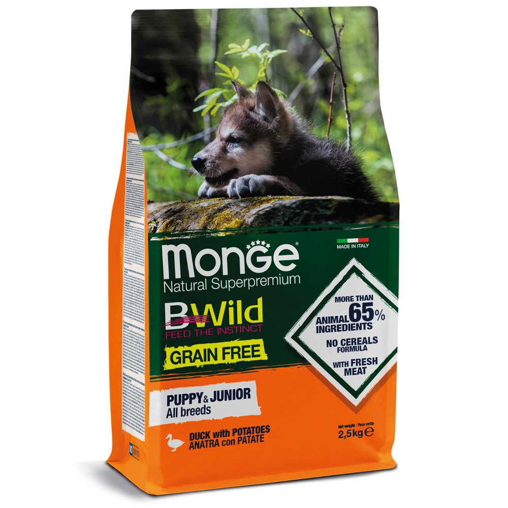 Корм для щенков MONGE BWild Grain Free беззерновой мясо утки с картофелем сух.