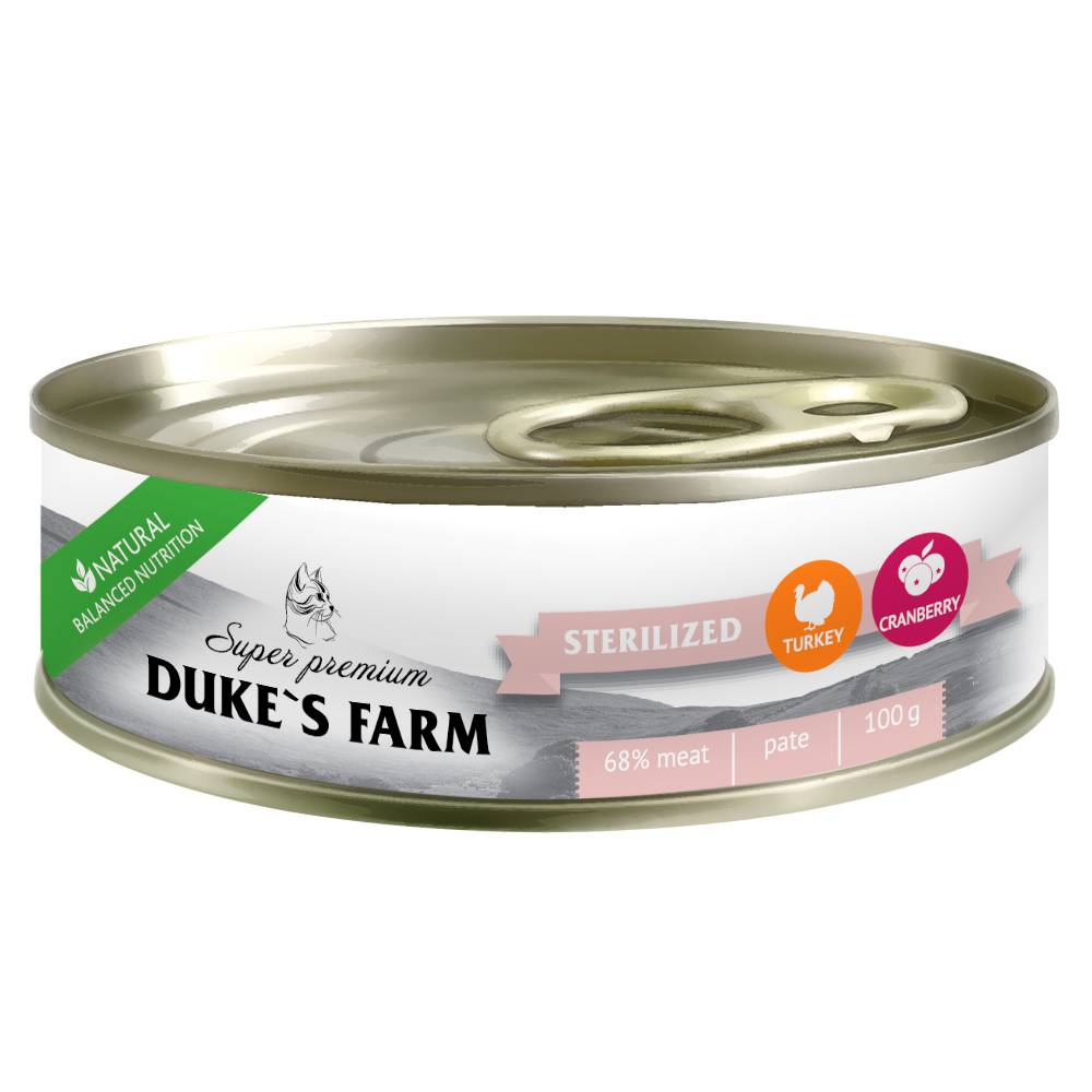 Корм для кошек DUKE'S FARM для стерилизованных, паштет индейка, клюква банка