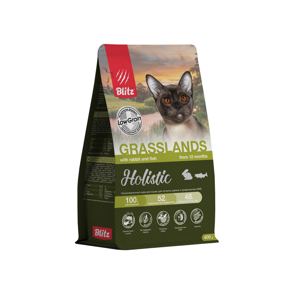 Корм для кошек BLITZ Holistic Grasslands индейка с кроликом и рыбой сух.