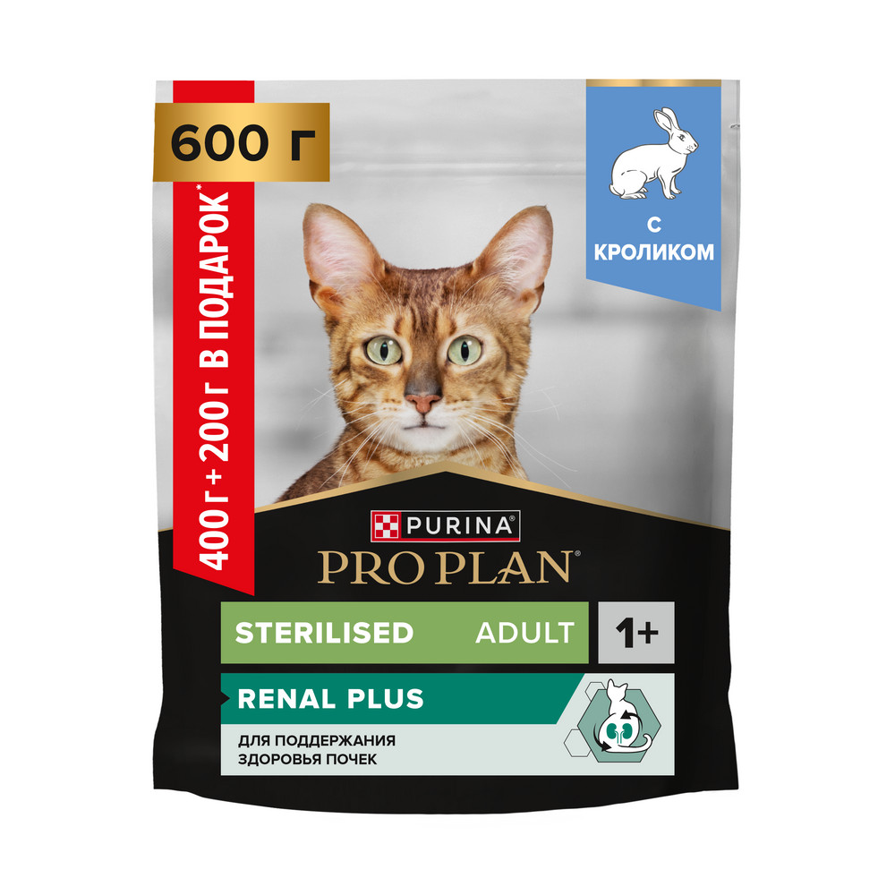 Корм для кошек PRO PLAN Sterilised Renal Plus для стерилизованных, кролик сух. 400г+200г ПРОМО