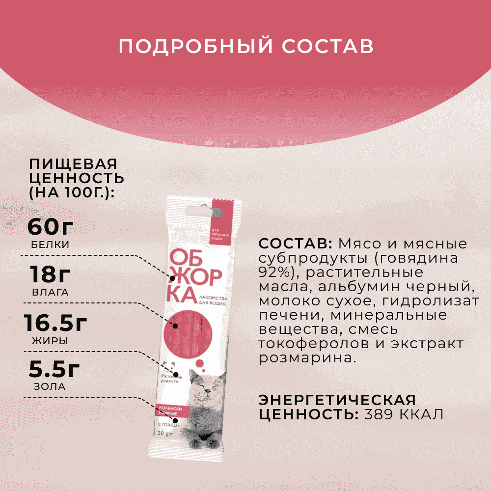 Лакомство для кошек ОБЖОРКА Колбаски Нежные