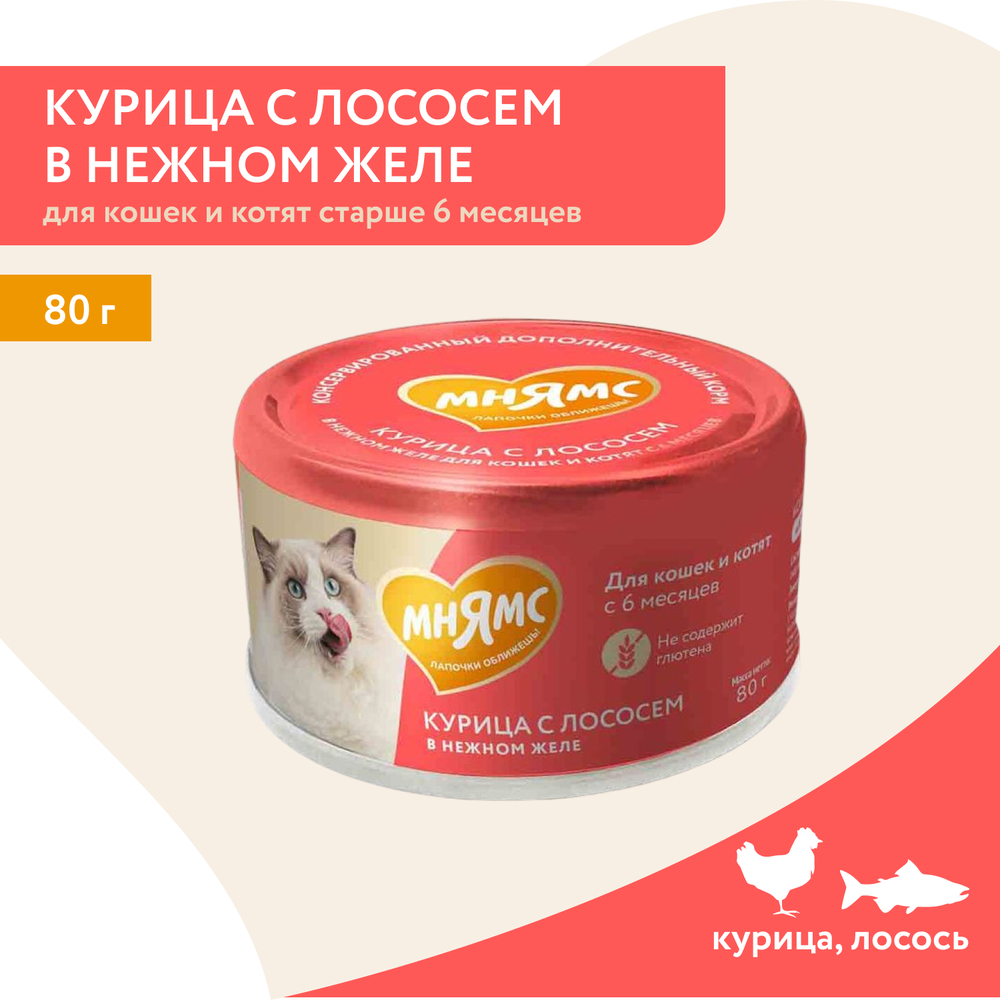 Корм для кошек и котят старше 6 мес. МНЯМС дополнительный, курица с лососем в нежном желе банка
