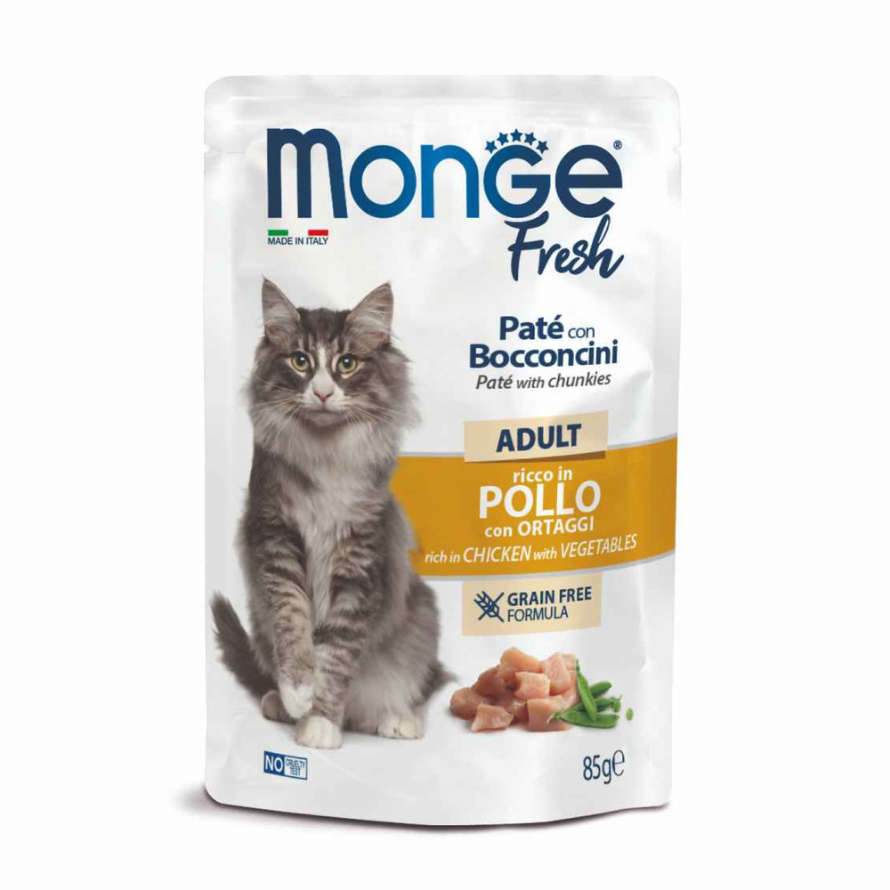 Корм для кошек MONGE Cat Fresh паштет с кусочками курицы и овощами пауч