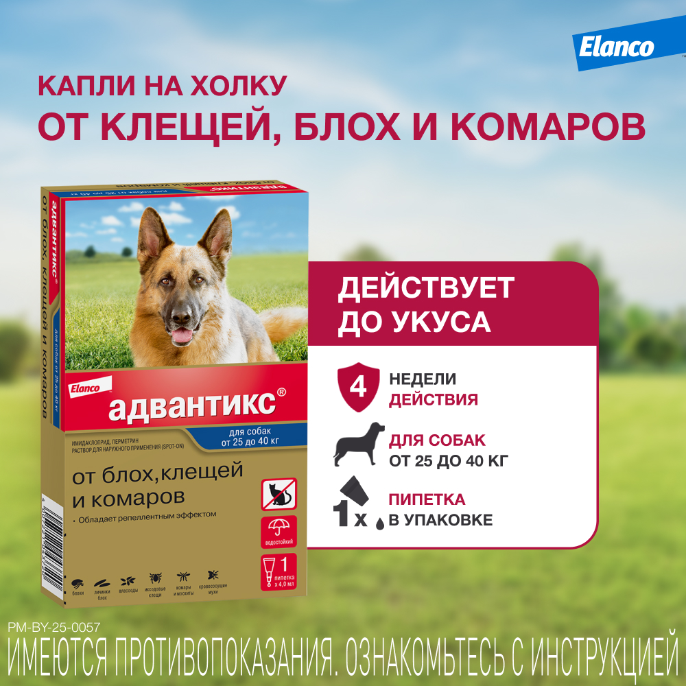 Капли для собак ELANCO Адвантикс от блох, клещей и комаров 400 (25-40кг веса) 1 пипетка в упак.