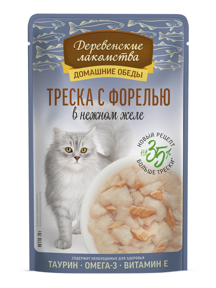 Корм для кошек ДЕРЕВЕНСКИЕ ЛАКОМСТВА Треска с форелью в нежном желе пауч