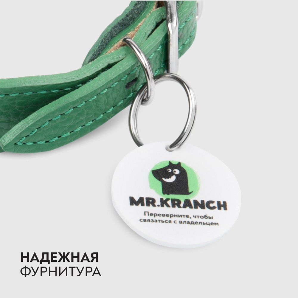 Ошейник для собак MR.KRANCH из натуральной кожи с QR-адресником, зеленый 20-24см