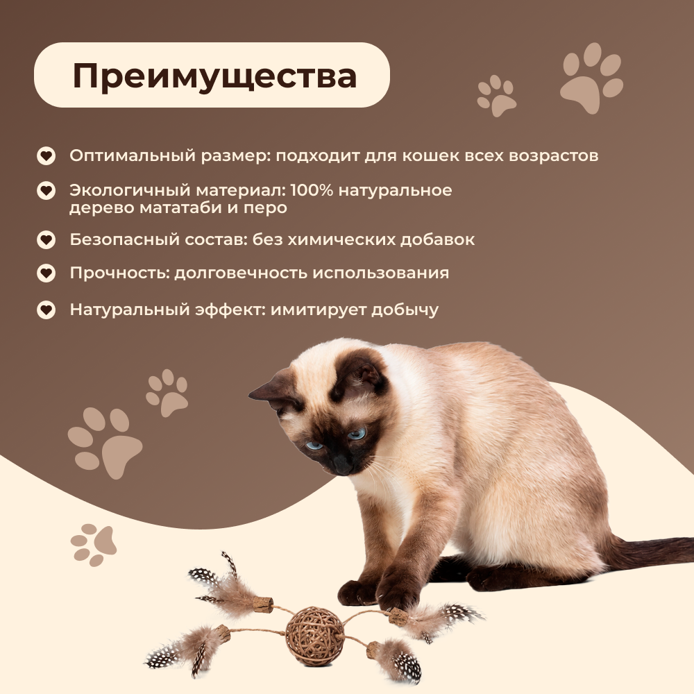 Игрушка для кошек FOXIE Naturalness Мячик плетеный с мататби и перьями 30см