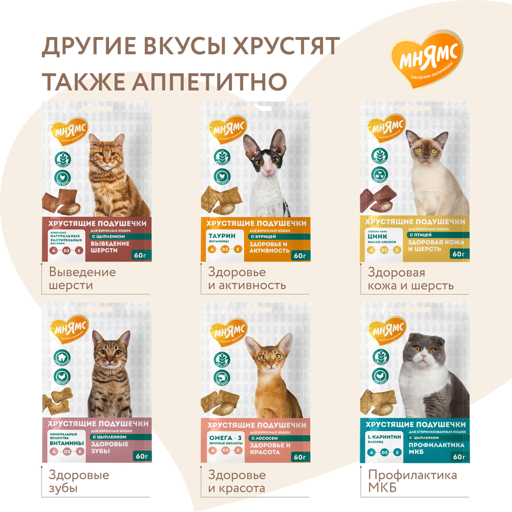 Лакомство для котят МНЯМС Здоровый котенок хрустящие подушечки с цыпленком и яйцом