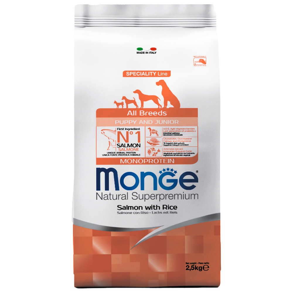 Корм для щенков MONGE Dog Speciality Puppy&Junior лосось с рисом сух.