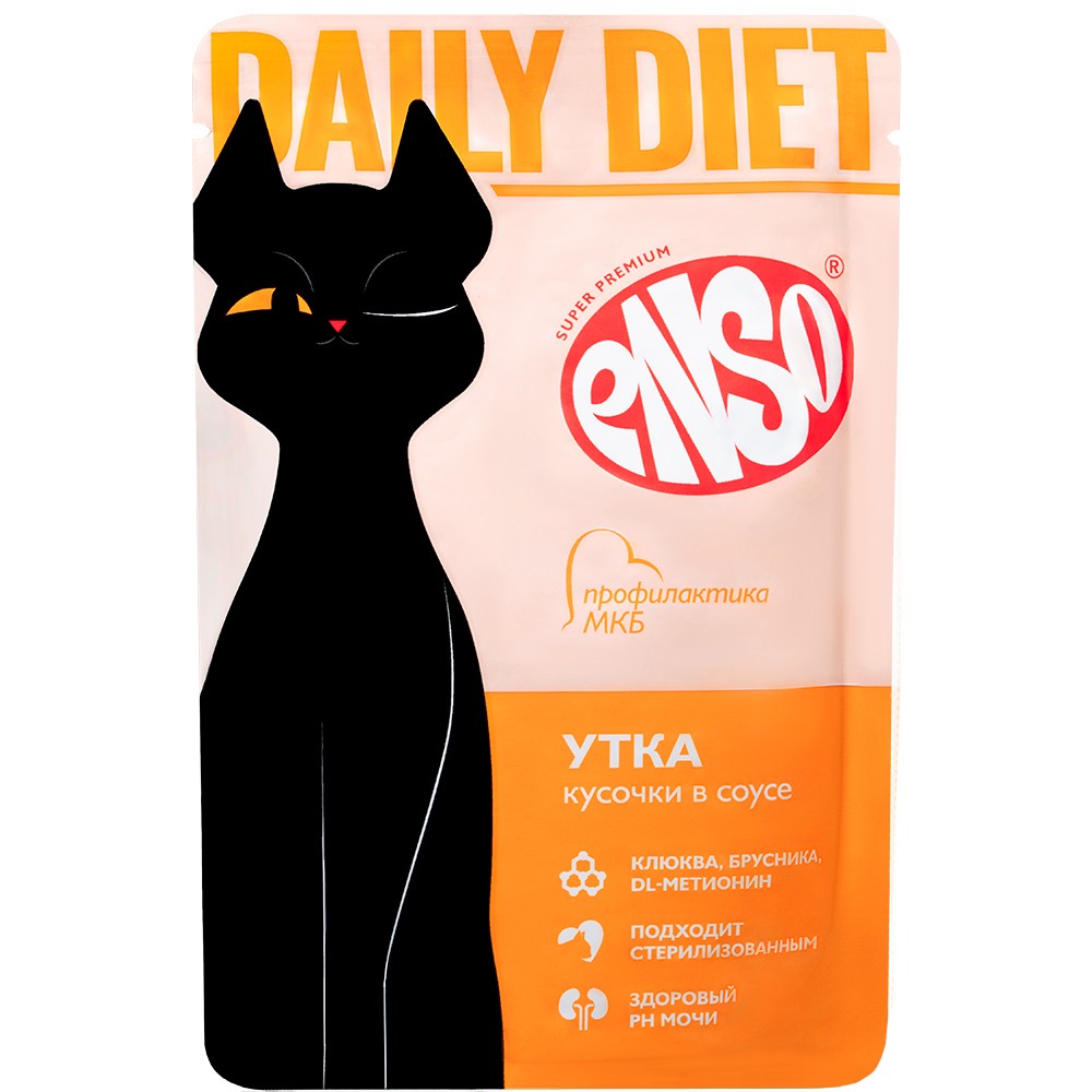 Корм для кошек ENSO Daily Diet профилактика МКБ, кусочки в соусе с уткой пауч