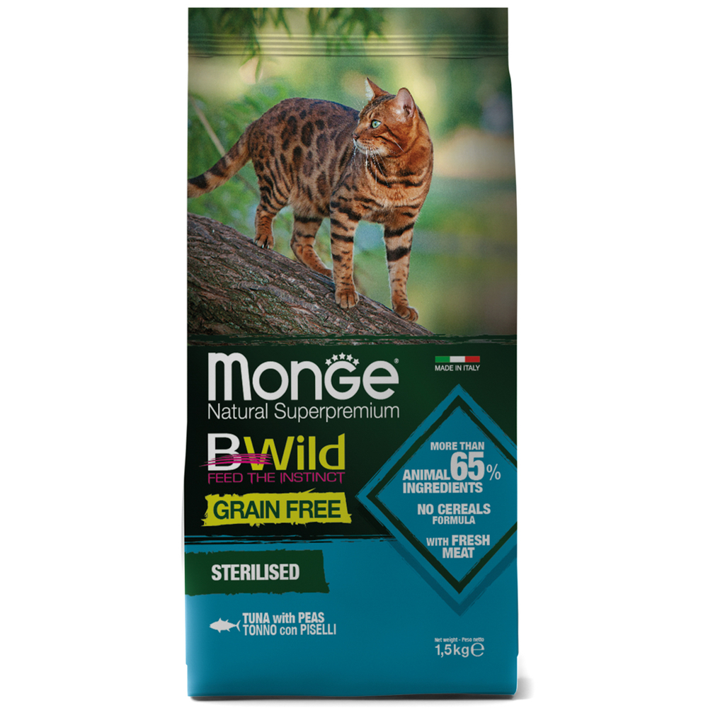 Корм для кошек MONGE Cat BWild Grain Free для стерилизованных, тунец сух.
