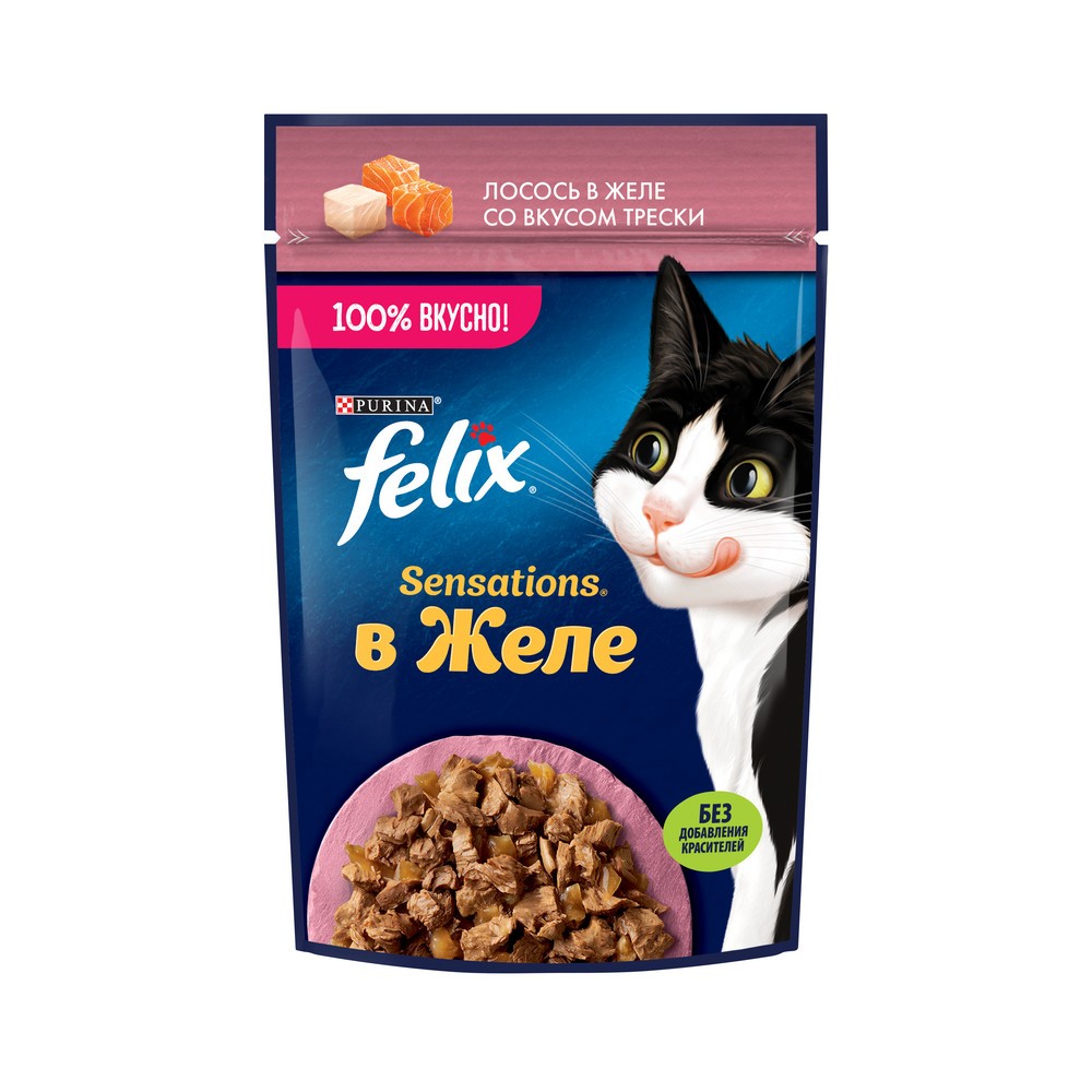 Корм для кошек FELIX Sensations Желе с лососем в желе с добавлением трески пауч